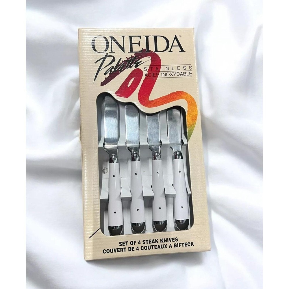 New VTG Oneida Steak Knives PALETTE White Stainless 4-Piece Set 90s